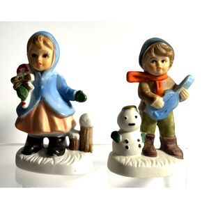 VTG Ceramic Christmas Figurines Set Boy Girl Snowman Winter Holiday Japan Style